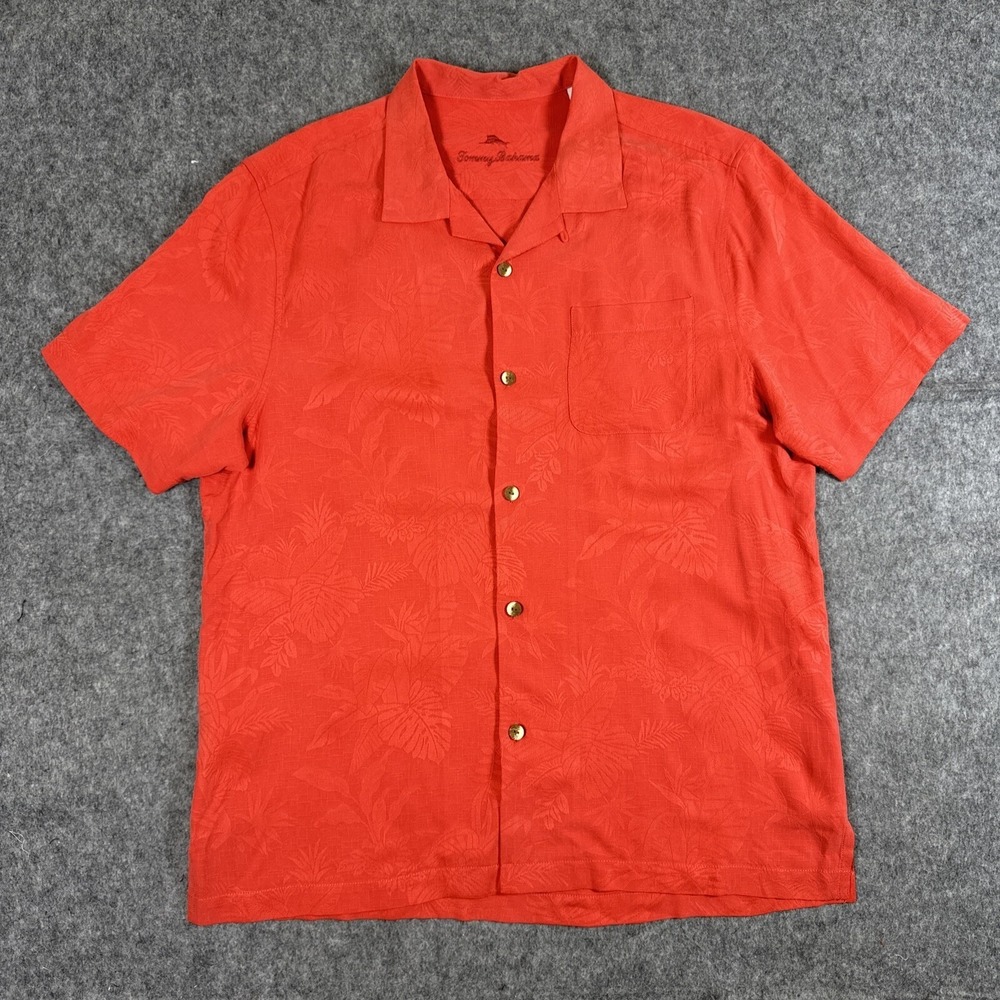 Tommy Bahama Shirt Mens Large Red Silk Palm Trees Floral Hawaiian Button-up